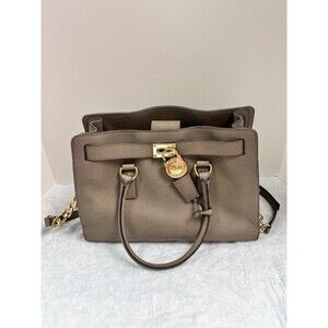Michael Kors Hamilton Taupe Satchel Bag with Golden Chain Lock & Key